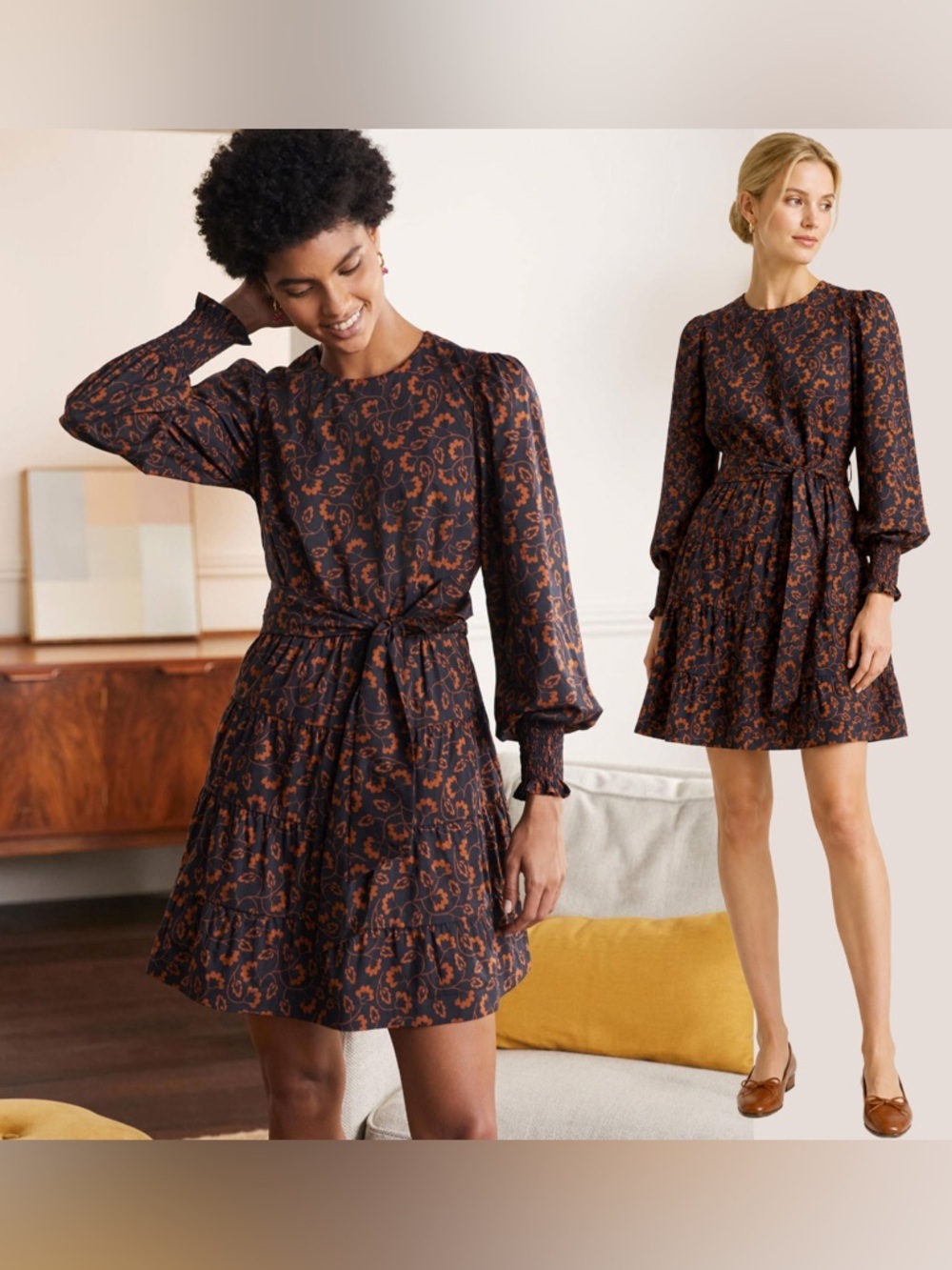 Boden Navy Brown Long Puff Sleeves Tiered Dress Smocked Floral Leaves Cotton 12R